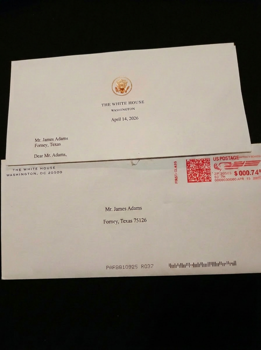 Official White House envelope addressed to James Adams